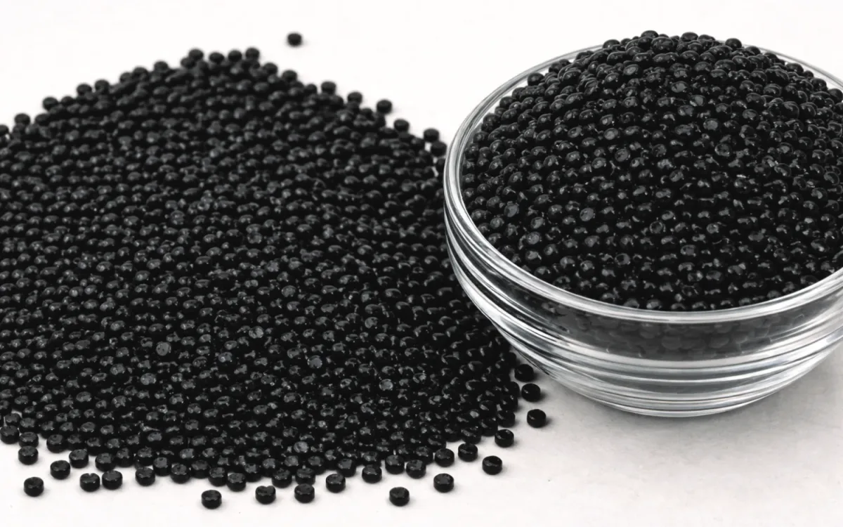 Black polypropylene granules in a glass bowl