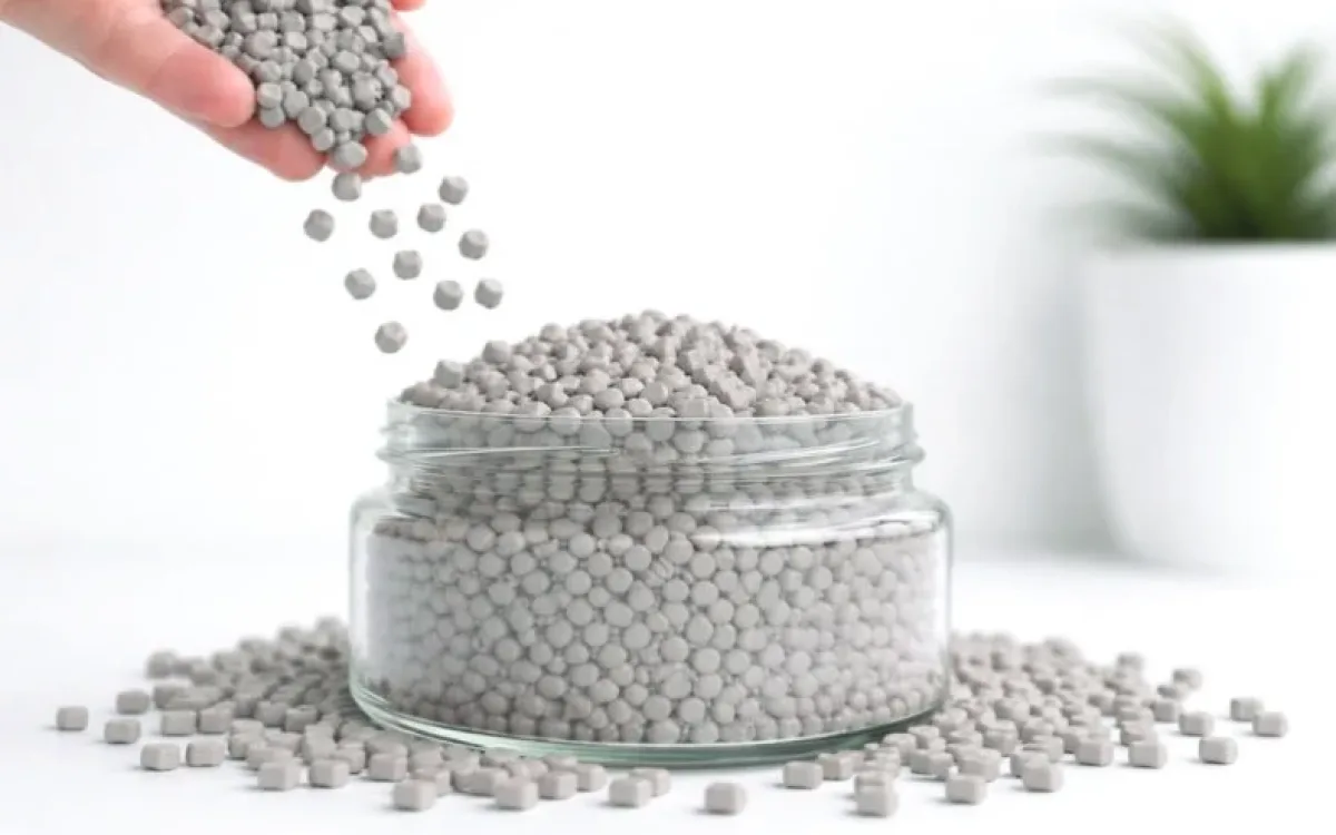 Grey polypropylene granules poured into a glass jar
