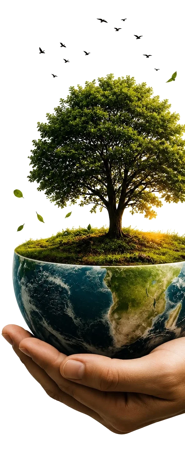 A tree growing from a bowl shaped like the Earth, held in an open hand