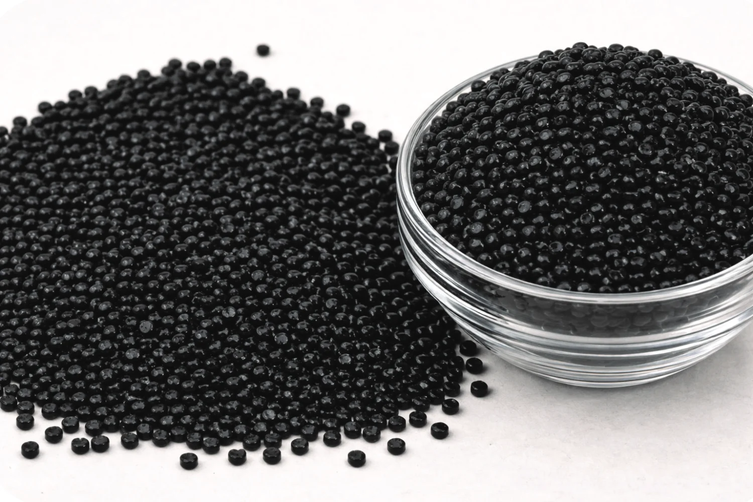 Black polymer granules in glass bowls