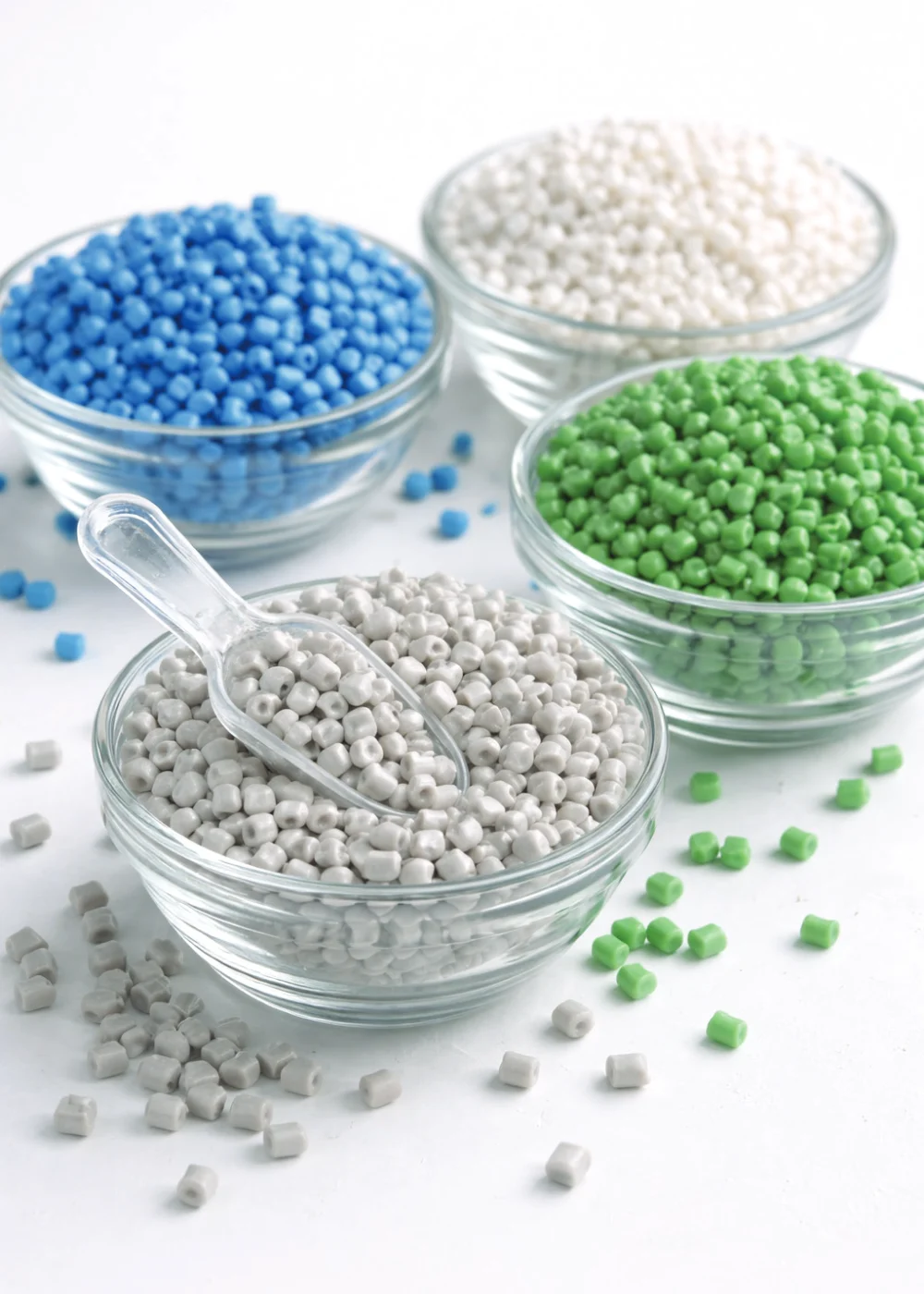 Bowls of blue, white, green and grey polymer granules